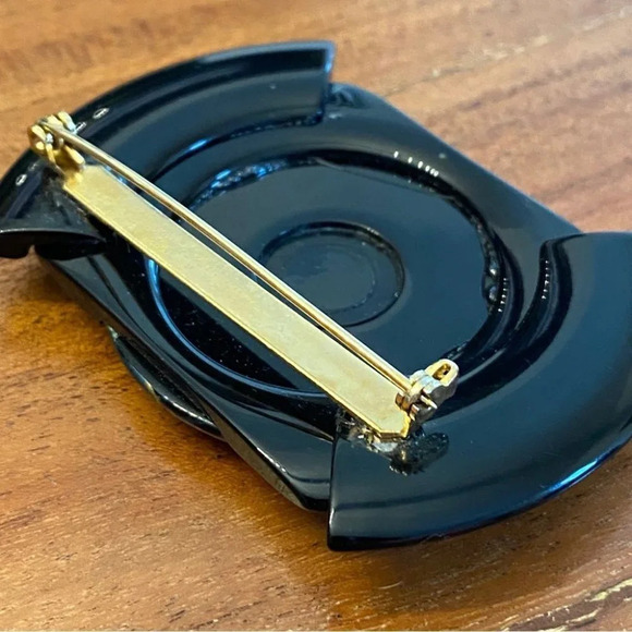 Authentic 80s Blue and Gold Swirl Marbled Statement Brooch Plastic  Art Deco - Picture 5 of 8